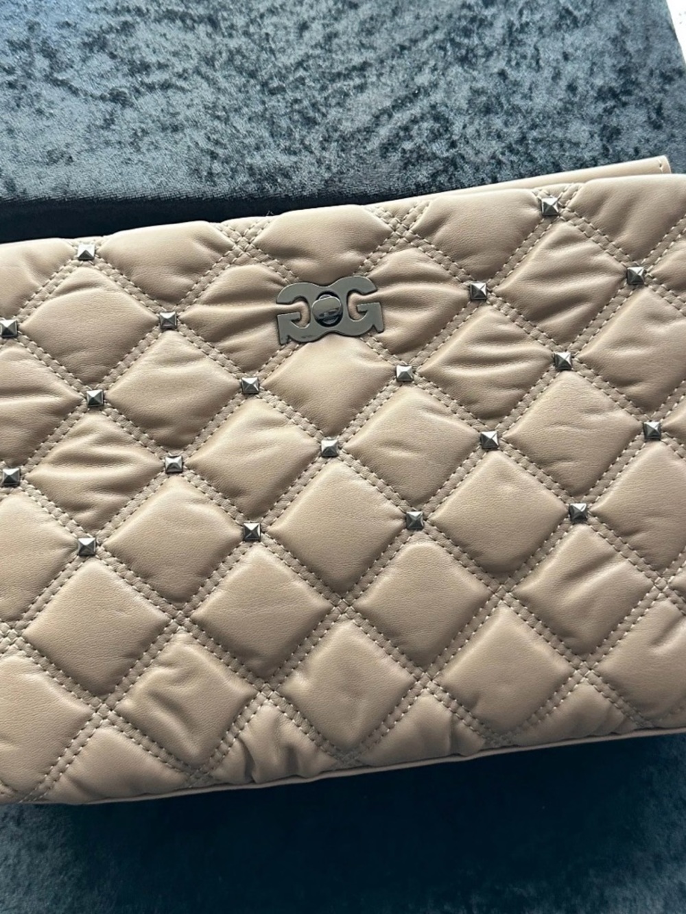 Gilda Paris Quilted Studded Beige Shoulder Bag with Logo Accent
